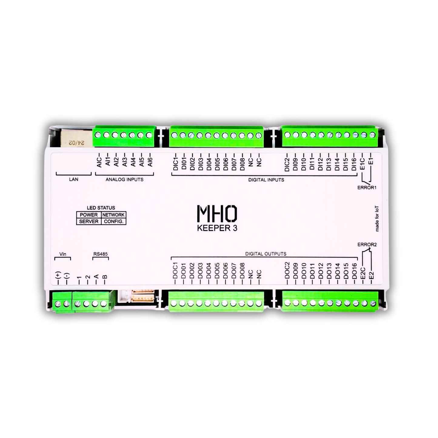 MHO Keeper 316A, 16 DIs, 16 DOs, 6 AIs 12 bits, RS485 e Ethernet. DIs