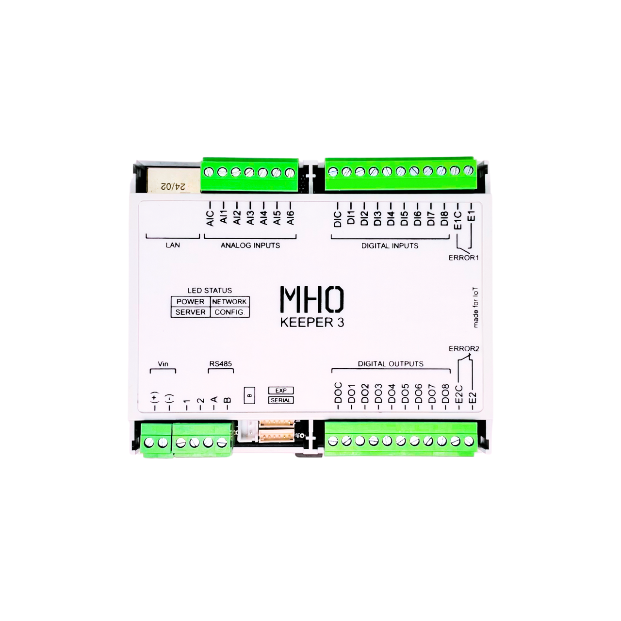 MHO Keeper 308A, 8 DIs, 8 DOs, 6 AIs 12 bits, RS485 e Ethernet. DIs