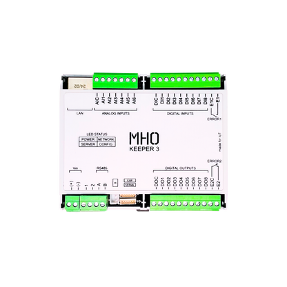 MHO Keeper 308A, 8 DIs, 8 DOs, 6 AIs 12 bits, RS485 e Ethernet. DIs